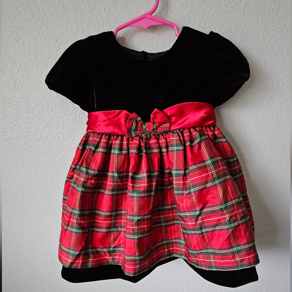 Baby Girl Christmas Dress, Black Velvet and Red Plaid Toddler Dress